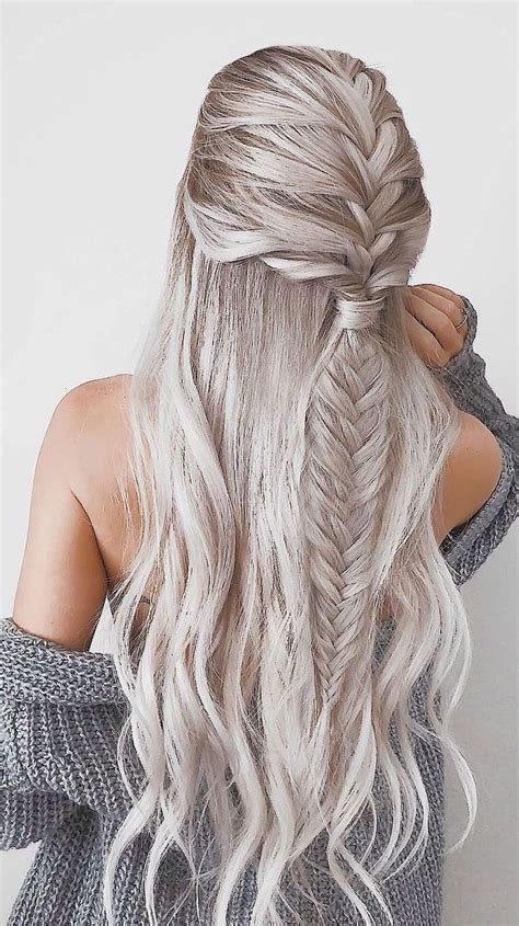 Platinum Blonde Hair Fishtail Braid French Braid Hairstyles Grey