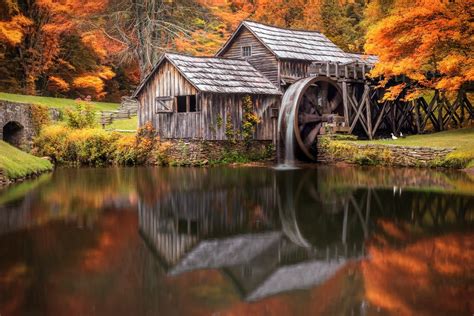 Download Fall Reflection Man Made Watermill Hd Wallpaper