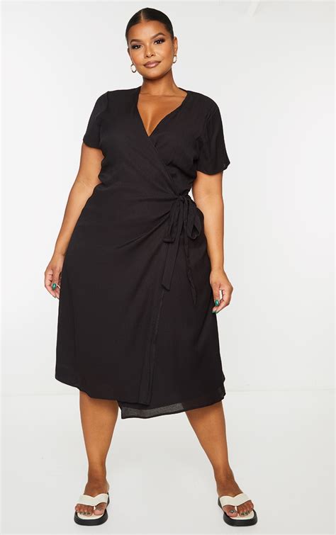 Plus Black Wrap Midi Dress Plus Size Prettylittlething Usa