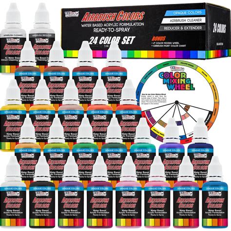 24 Color Acrylic Airbrush Paint Set Opaque Colors Plus Reducer