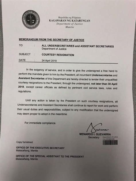 Developing a secretary termination letter can be difficult because a company secretary develops many strong bonds with the staff. Justice Secretary Guevarra Orders All DOJ Usecs, Asecs to ...