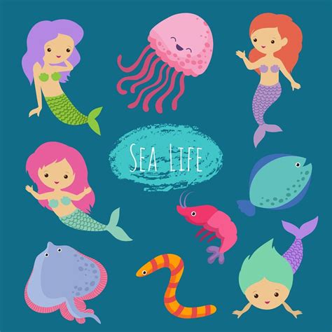 Underwater coral reef and fish. Sea life cartoon character animals and mermaids vector ...