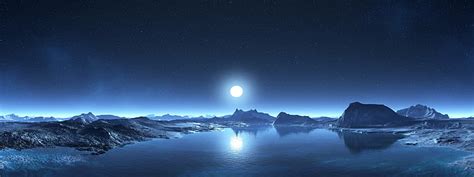 Hd Wallpaper Night Moon Lake Hills Mountain Sci Fi Stars Sky