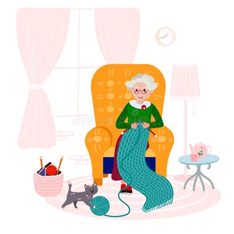 Old Lady Knitting Cartoon