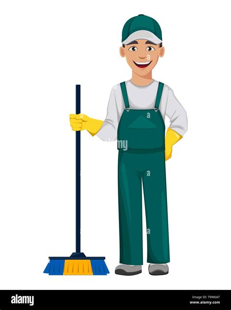 Cleaner Man Cartoon Character Holding Broom Cleaning Service Concept