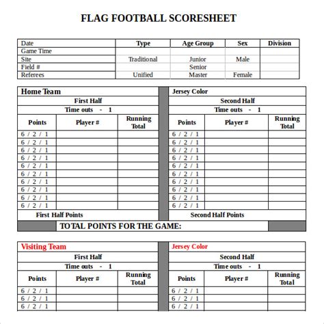 sample football score sheet templates sample templates