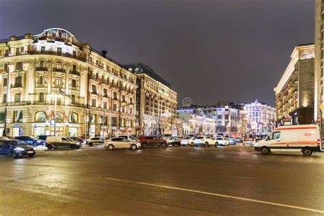 View On Tverskaya Street At Night In Moscow Russia Editorial Image