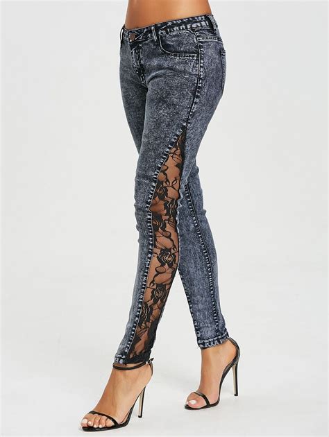 Flower Lace Insert Low Waist Jeans Skinny Denim Pants Fashion Lace