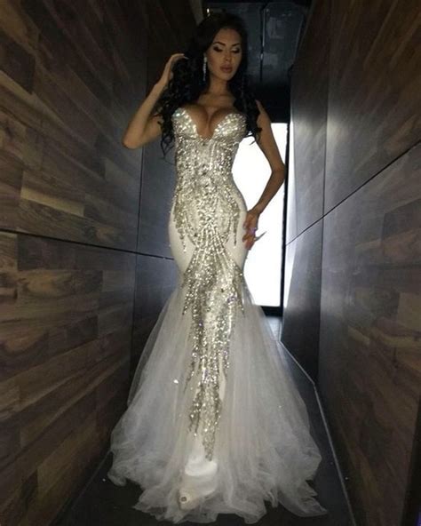 2017 Luxury Bling Sparkle Prom Dress Evening Dress Mermaid White Deep V