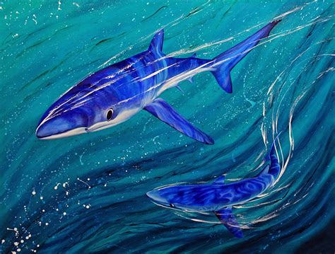 Blue Sharks Original Painting Deep Impressions Underwater Art