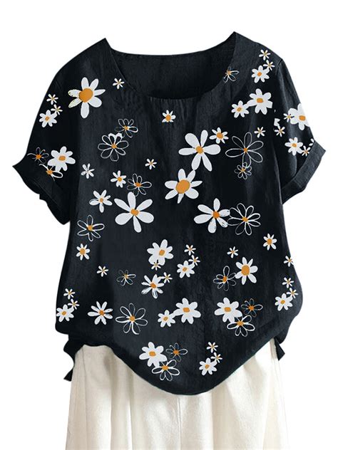 plus size women summer daisy flower print top short sleeve o neck cotton linen shirt summer tee