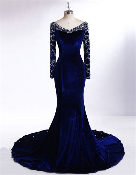 New Royal Blue Long Sleeve Floor Length Velvet Mermaid Prom Dresses Arabic Evening Gowns