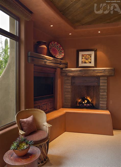 Southwestern Fireplace With Brick And Wood Detail Organic Pueblo Style