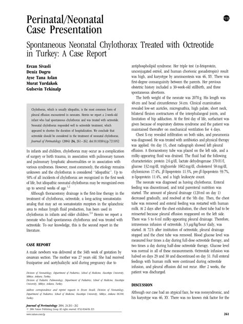 Pdf Spontaneous Neonatal Chylothorax Treated With Octreotide In