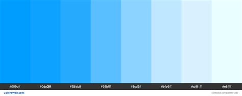 Html/css color codes for pastel rainbow. Blue shades palette. HEX colors #009dff, #0da2ff, #26abff ...