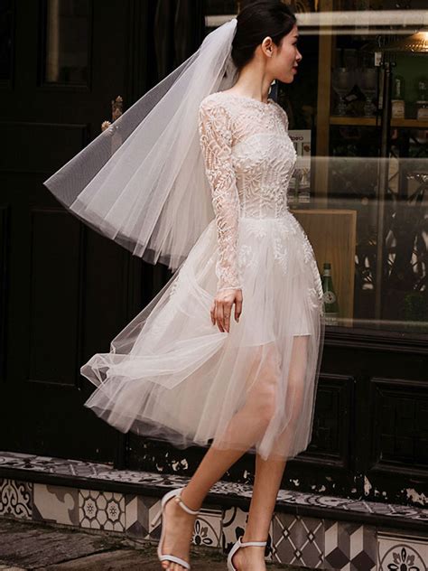 Was bought brand new and made. Short Wedding Dresses White Lace Long Sleeve Illusion Tea ...