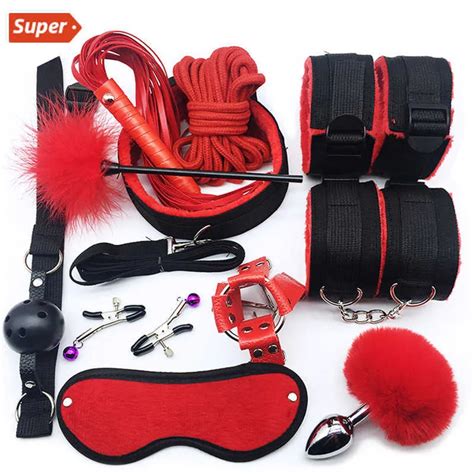 Sex Toy Bondage Set Handcuffs Collar Whip Gag Nipple Clamps Bdsm Rope