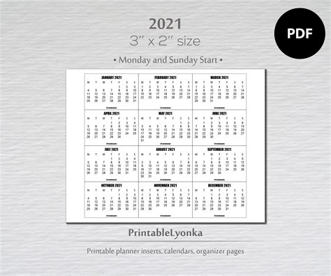 3 X 2 Inch Mini Calendars 2021 Small Printable Calendarpdf Etsy