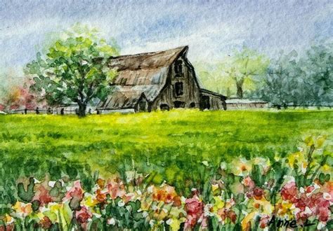 Aceo Original Watercolor Painting Spring Landscape By Anne Miniature