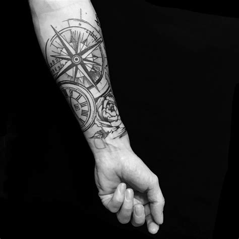 Compass Clock And Flower Tattoo By Lycalopex Sleeve Tattoos Tattoos