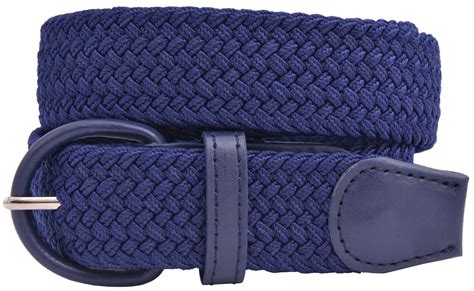 Leather Covered Buckle Woven Elastic Stretch Belt 1 14 Wide Navy