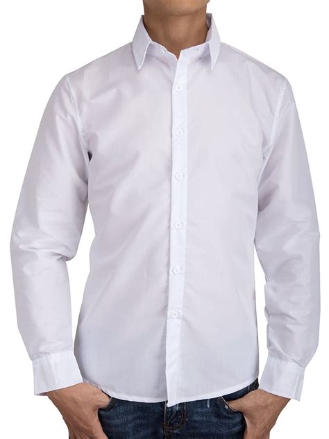 Sayfut Mens Slim Fit Solid White Dress Shirt Long Sleeve Casual Button