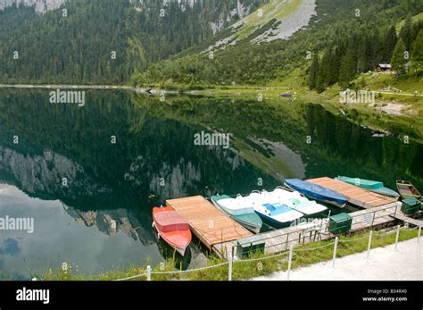 Austria Upper Austria Gosau Lake Gosau In The Dachstein Mountains Boats