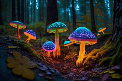 Vibrant Bioluminescent Mushrooms In The Forest Generative Ai Stock