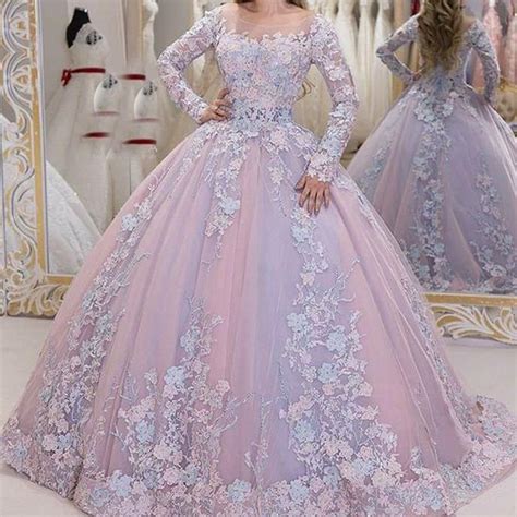 Lace Prom Dresses 2020 Long Sleeve Ball Gown Floor Length Appliques