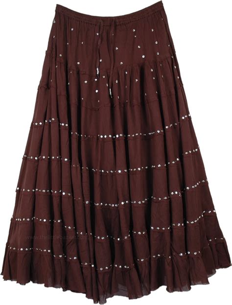 Hickory Brown Sequin Tiered Long Skirt In Cotton Sequin Skirts