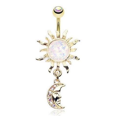 Golden Blazing Sun Opal Sparkle Moon Dangle Belly Button Ring Aurora