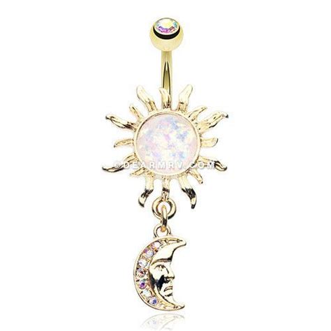 Golden Blazing Sun Opal Sparkle Moon Dangle Belly Button Ring Aurora Borealiswhite Belly