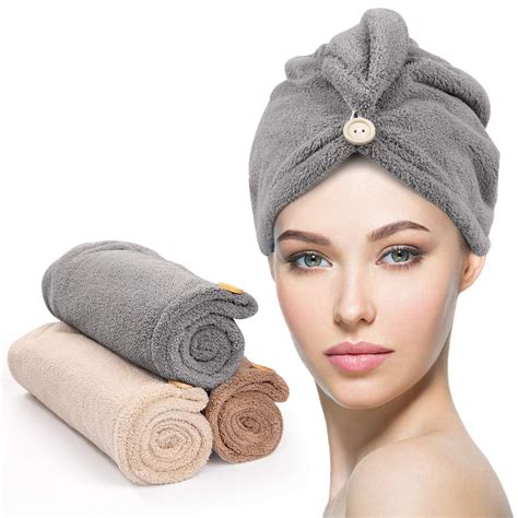 3 Pack Microfiber Hair Towel With Button Super Absorbent Fast Drying