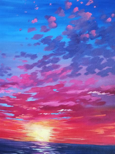Oil Painting With Pink Sunset Sunset Seascape Realistic Etsy