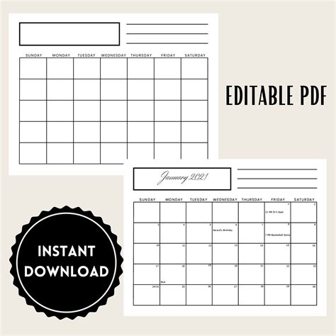 85 X 11 Inch Blank Calendar Editable Pdf Page Instant Etsy