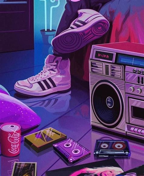 A Painting Of A Person Sitting On A Bed Next To A Boombox And Cd Player