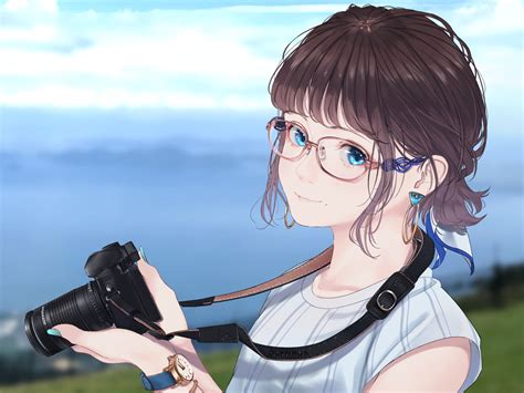 Anime Anime Girls Glasses Blue Eyes Brunette Photographer Wristwatch Clouds Earring Camera