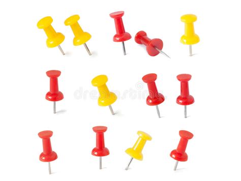 Isolated Red And Yellow Push Pins In White Background Stock Photo