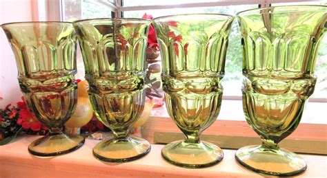 Vintage Drinking Glasses Fostoria Argus Pattern Ornate Green