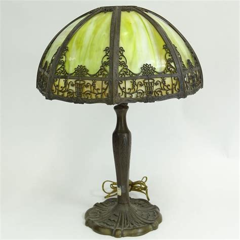 Sold At Auction Antique Green Slag Glass Table Lamp With Metal Overlay And Bronze Base