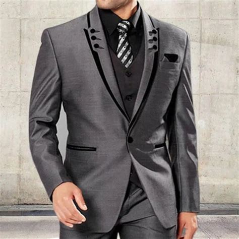 men suits slim fit peaked lapel tuxedos grey wedding suits with black lapel for men groomsmen