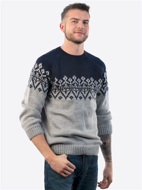 Handmade Crewneck Blue And Gray Alpaca Sweater For Men Olympus Inti