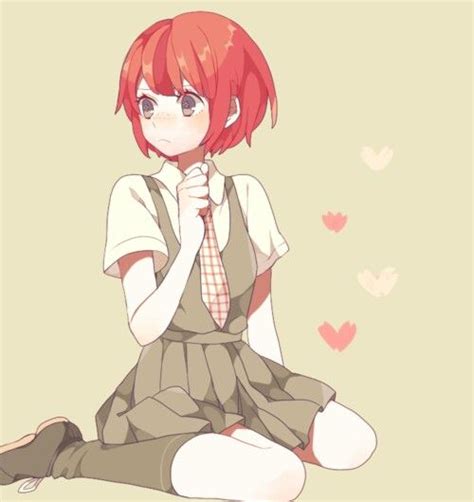Anime Girl Red Hair Short Hair Brown Eyes Sitting School