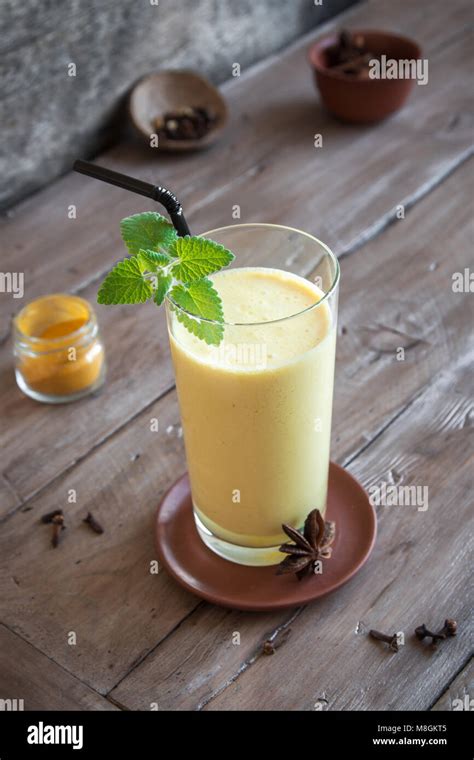 Turmeric Lassie Or Lassi In Glass Healthy Probiotic Indian Cold Drink