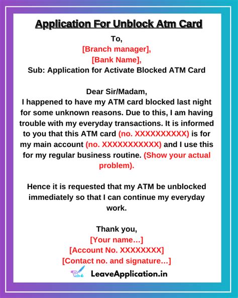 Application For Unblock Atm Card 5 Sample And Format