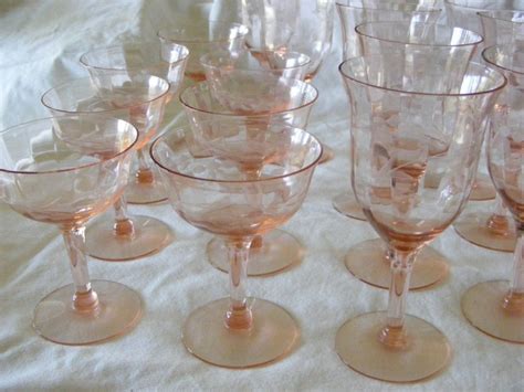 Vintage Pink Stemware Goblets Sherberts Etched Paneled Elegant Crystal