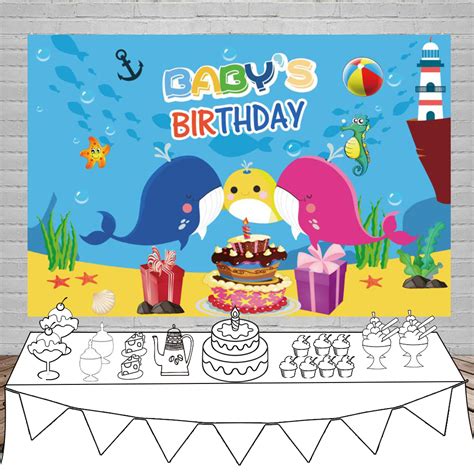 Laeacco Baby Shark Birthday Party Cake T Cartoon Bubble Ball Poster