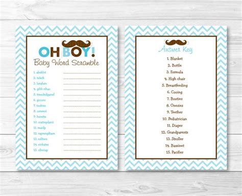 The baby shower word scramble is a popular and classic game that dates back to the inception of baby showers! Mustache Oh Boy Baby Word Scramble / Baby Shower Game