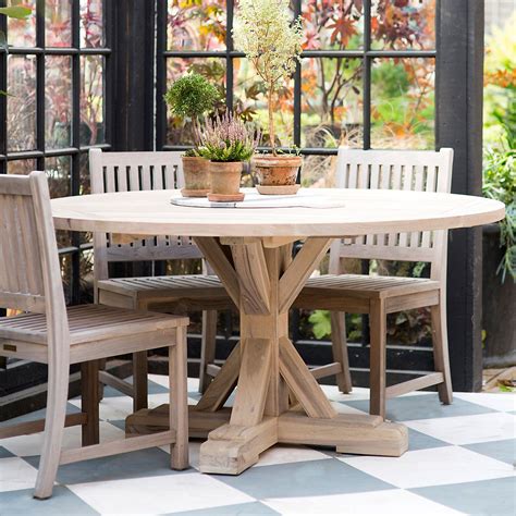 Protected Teak Round Trestle Dining Table 6 In Outdoor Living Dining