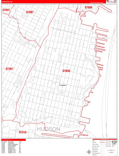 Hoboken New Jersey Zip Code Wall Map Red Line Style By Marketmaps